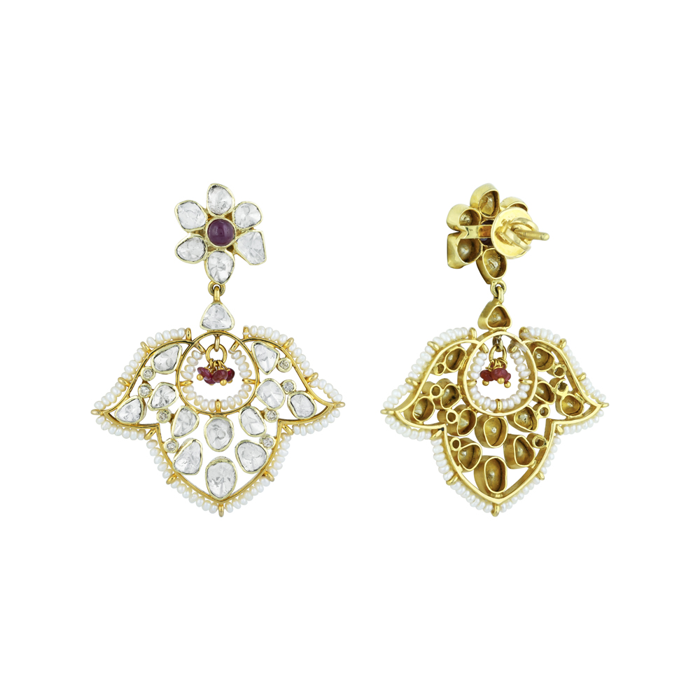 Floral Polki Earrings with Red Accent & Pearl Beads